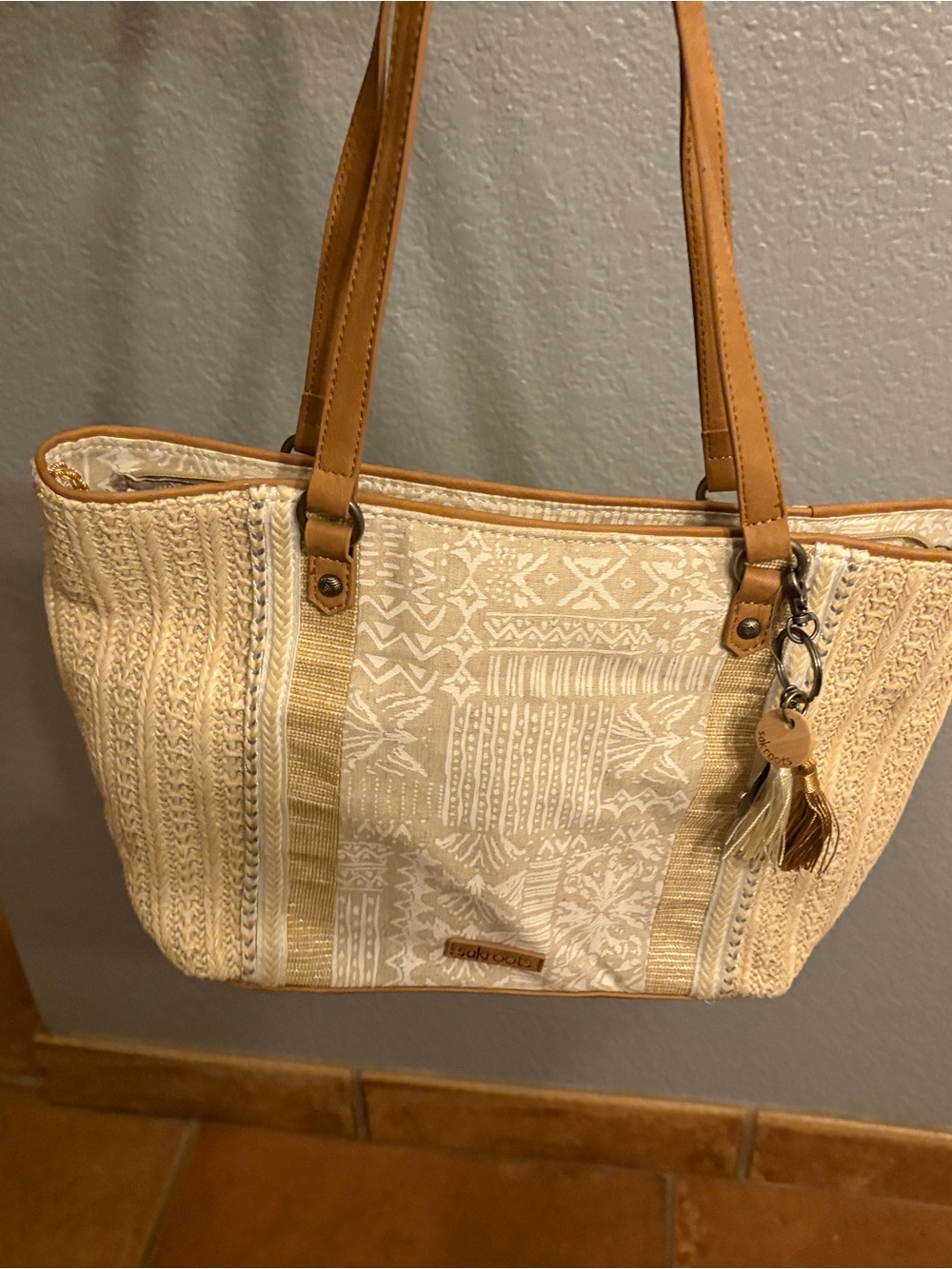 Sakroots Cream Patterned Tote with Tan Straps